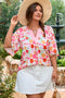 Floral Print Accent Trim Wide Sleeve Split Neck Blouse