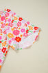 Floral Print Accent Trim Wide Sleeve Split Neck Blouse