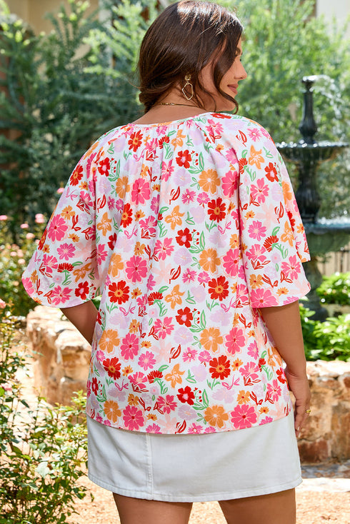 Floral Print Accent Trim Wide Sleeve Split Neck Blouse