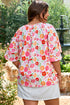 Floral Print Accent Trim Wide Sleeve Split Neck Blouse