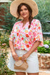 Floral Print Accent Trim Wide Sleeve Split Neck Blouse