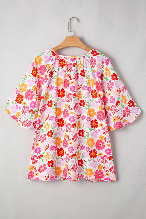 Floral Print Accent Trim Wide Sleeve Split Neck Blouse