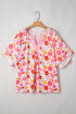 Floral Print Accent Trim Wide Sleeve Split Neck Blouse