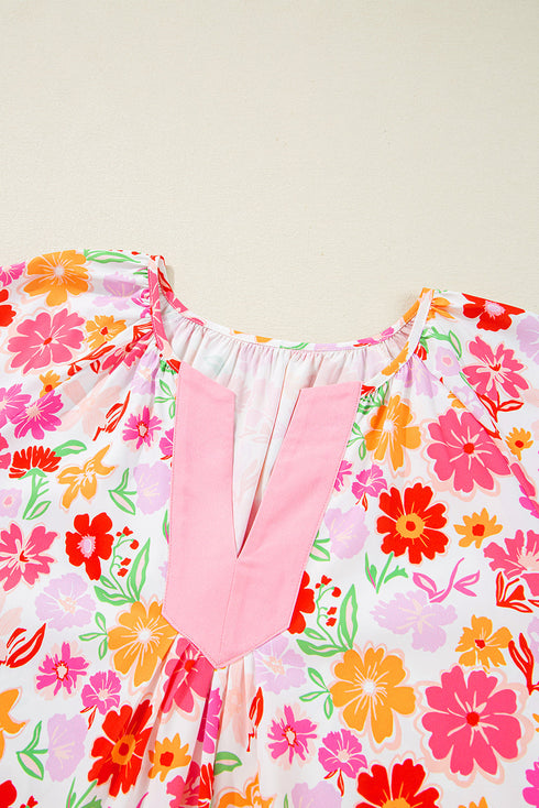 Floral Print Accent Trim Wide Sleeve Split Neck Blouse