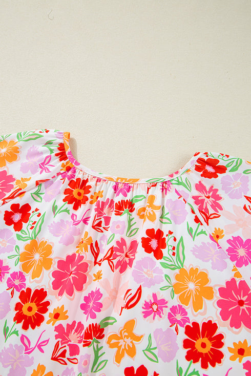 Floral Print Accent Trim Wide Sleeve Split Neck Blouse
