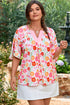 Floral Print Accent Trim Wide Sleeve Split Neck Blouse