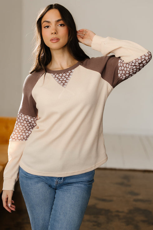 Floral Print Accent Waffle Knit Raglan Top