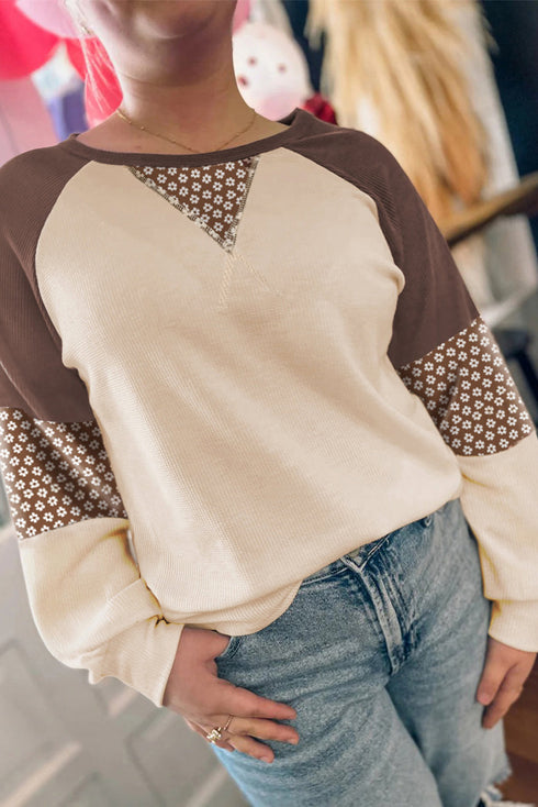 Floral Print Accent Waffle Knit Raglan Top