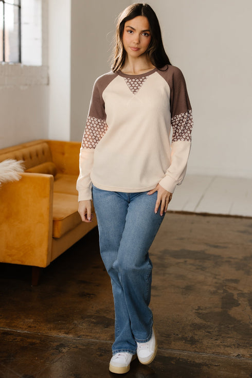 Floral Print Accent Waffle Knit Raglan Top