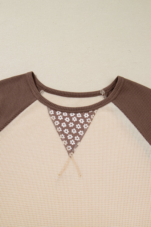 Floral Print Accent Waffle Knit Raglan Top