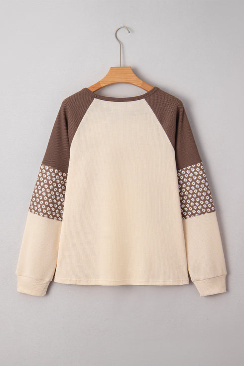 Floral Print Accent Waffle Knit Raglan Top