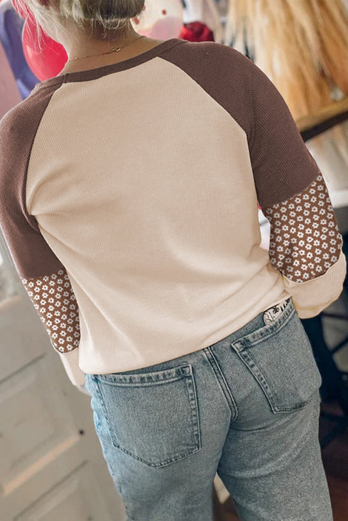 Floral Print Accent Waffle Knit Raglan Top