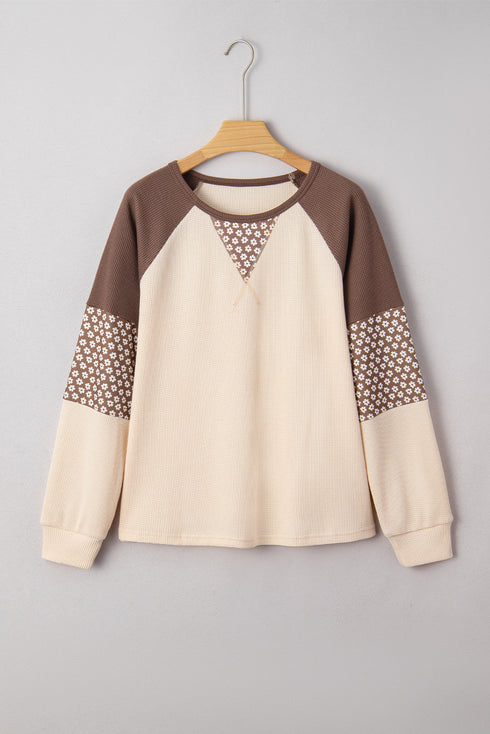 Floral Print Accent Waffle Knit Raglan Top