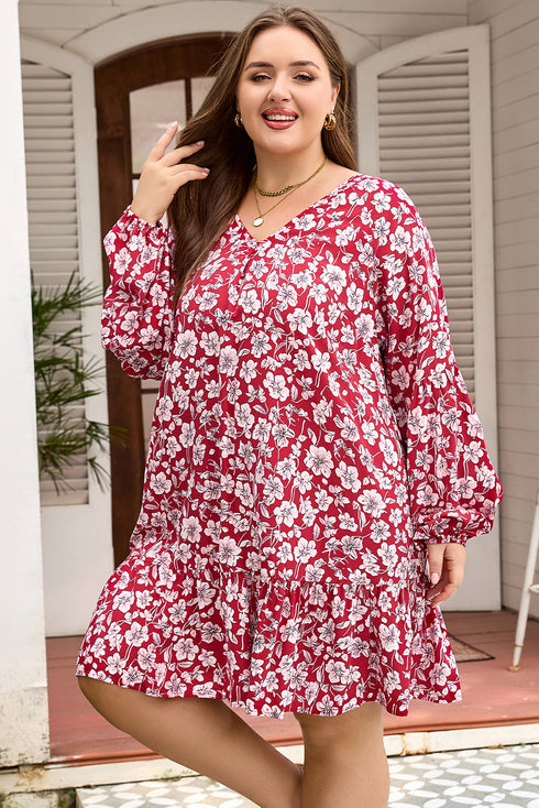 Floral Print Balloon Sleeve V Neck Relaxed Mini Dress