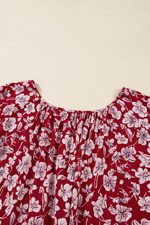 Floral Print Balloon Sleeve V Neck Relaxed Mini Dress