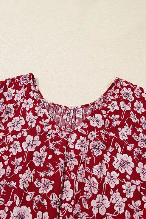 Floral Print Balloon Sleeve V Neck Relaxed Mini Dress