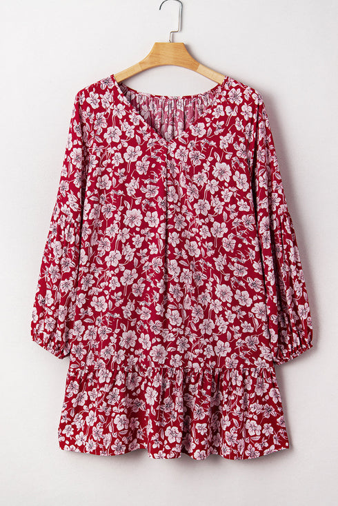 Floral Print Balloon Sleeve V Neck Relaxed Mini Dress