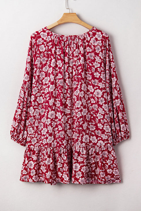 Floral Print Balloon Sleeve V Neck Relaxed Mini Dress