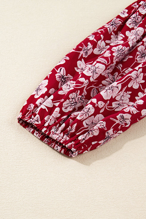 Floral Print Balloon Sleeve V Neck Relaxed Mini Dress