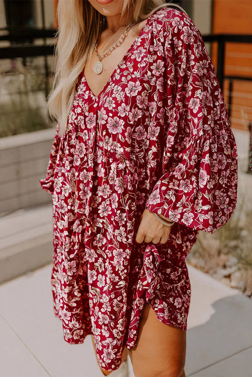 Floral Print Balloon Sleeve V Neck Side Slit Mini Dress