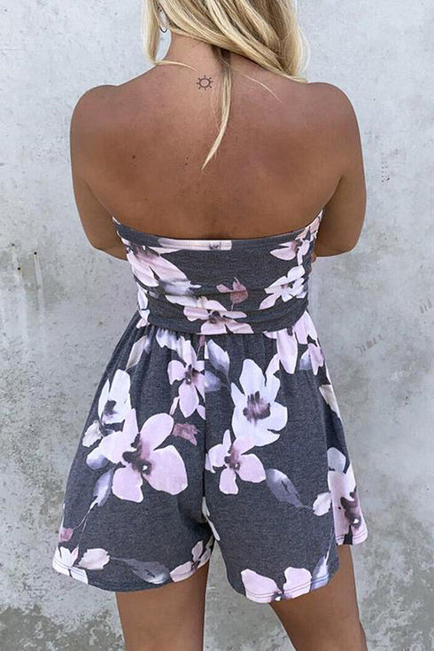 Floral Print Bandeau Romper With Pockets