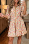 Floral Print Belted Button Down Three Quarter Sleeve Mini Dress