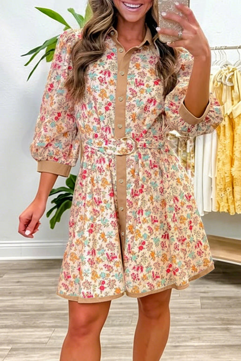 Floral Print Belted Button Down Three Quarter Sleeve Mini Dress