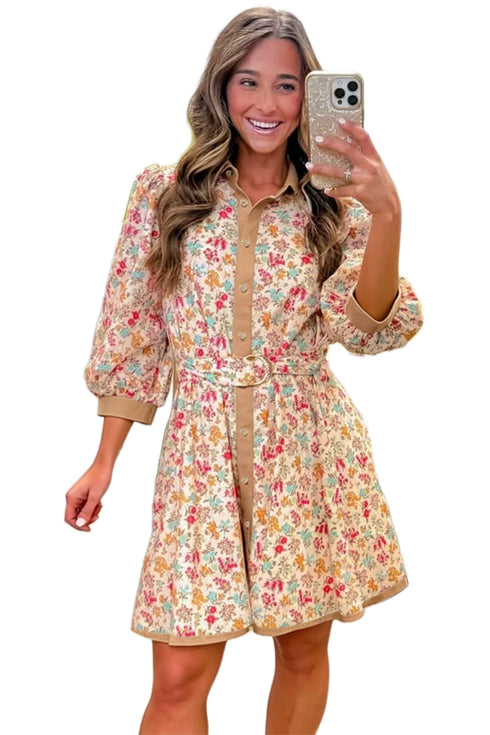 Floral Print Belted Button Down Three Quarter Sleeve Mini Dress
