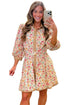 Floral Print Belted Button Down Three Quarter Sleeve Mini Dress