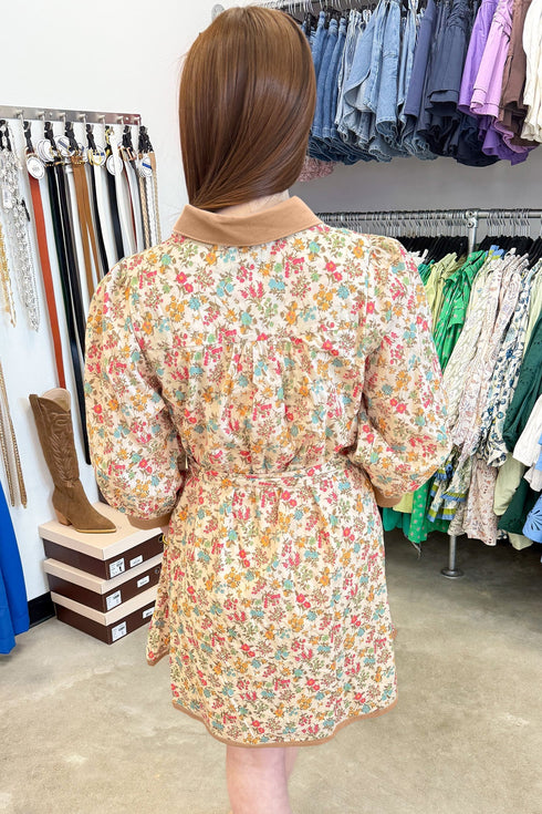 Floral Print Belted Button Down Three Quarter Sleeve Mini Dress