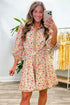 Floral Print Belted Button Down Three Quarter Sleeve Mini Dress