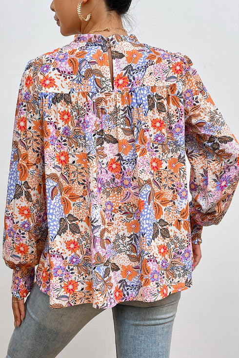 Floral Print Bishop Sleeve Frilled Round Neck Blouse