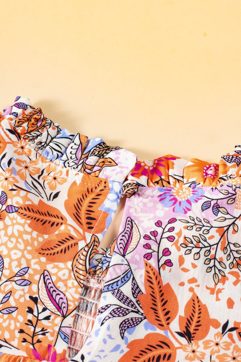 Floral Print Bishop Sleeve Frilled Round Neck Blouse