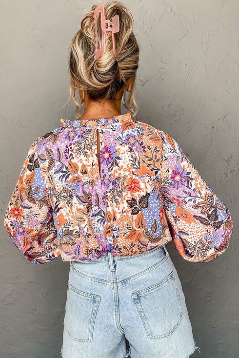 Floral Print Bishop Sleeve Frilled Round Neck Blouse