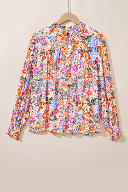 Floral Print Bishop Sleeve Frilled Round Neck Blouse