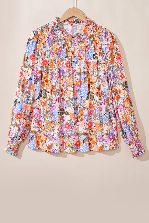Floral Print Bishop Sleeve Frilled Round Neck Blouse