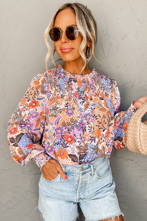 Floral Print Bishop Sleeve Frilled Round Neck Blouse