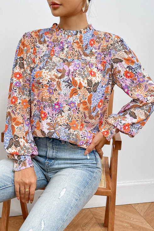 Floral Print Bishop Sleeve Frilled Round Neck Blouse