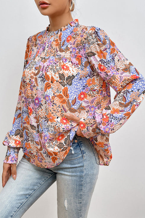Floral Print Bishop Sleeve Frilled Round Neck Blouse