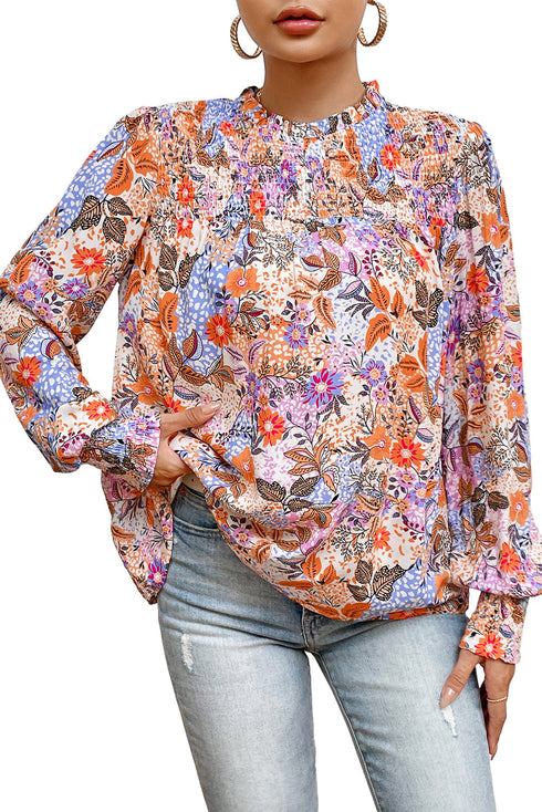 Floral Print Bishop Sleeve Frilled Round Neck Blouse