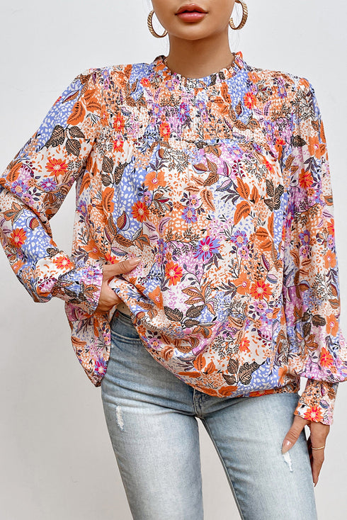 Floral Print Bishop Sleeve Frilled Round Neck Blouse