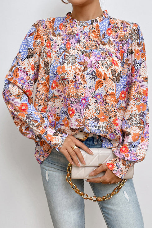 Floral Print Bishop Sleeve Frilled Round Neck Blouse