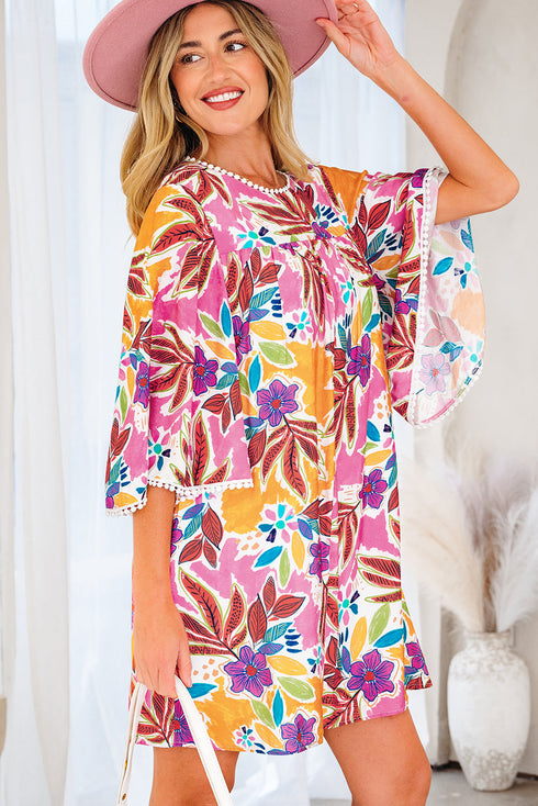Floral Print Bohemian Lace Trim Tie Back Mini Dress