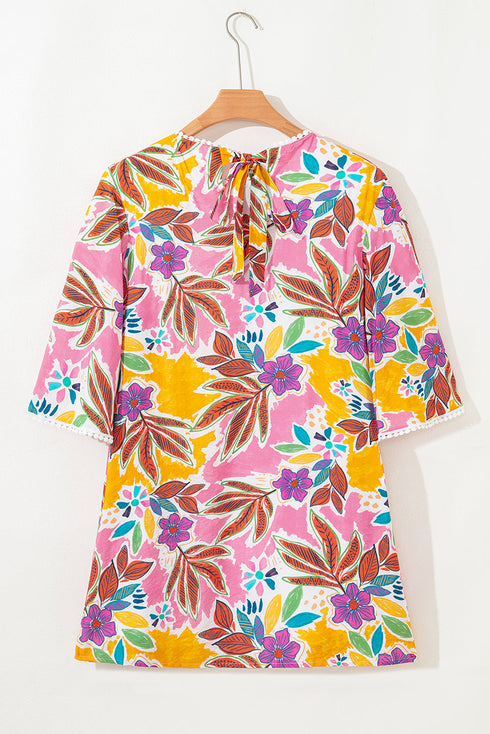 Floral Print Bohemian Lace Trim Tie Back Mini Dress