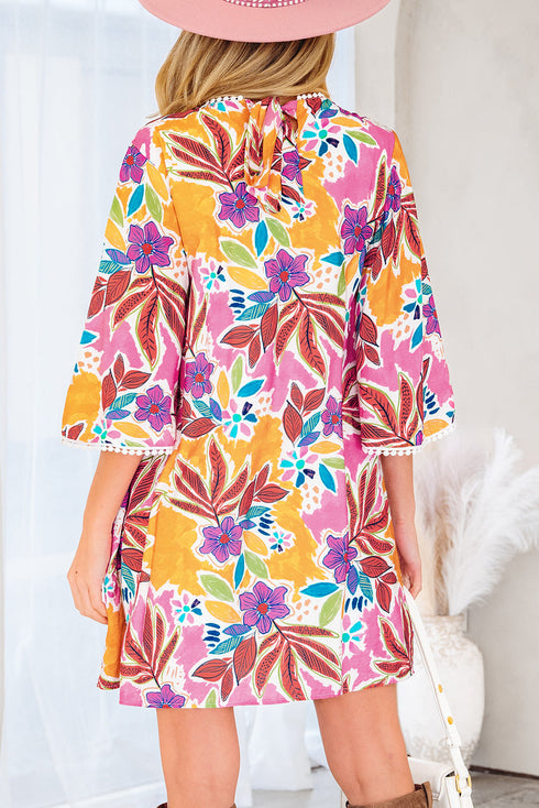 Floral Print Bohemian Lace Trim Tie Back Mini Dress