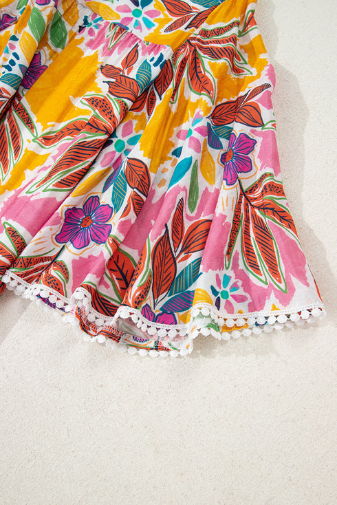 Floral Print Bohemian Lace Trim Tie Back Mini Dress