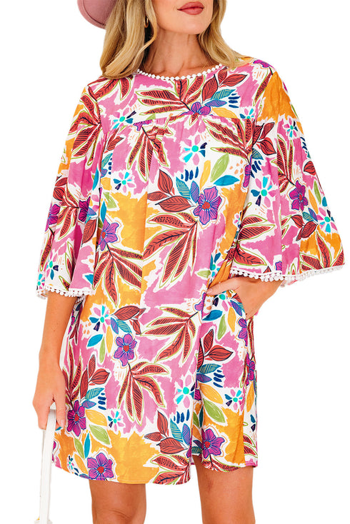 Floral Print Bohemian Lace Trim Tie Back Mini Dress