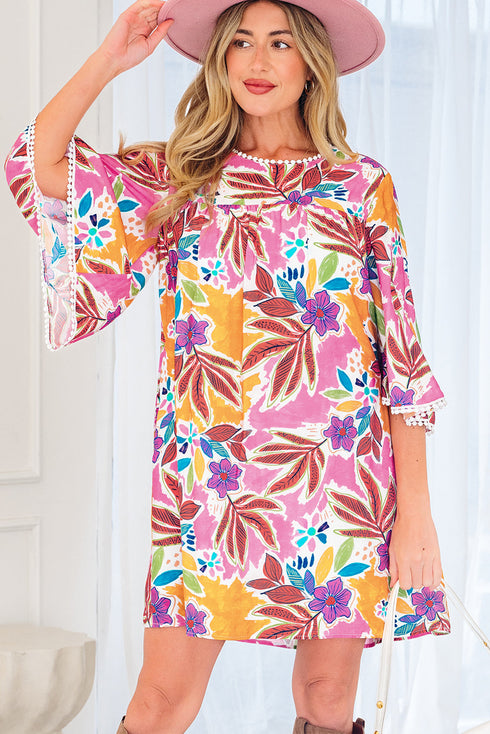 Floral Print Bohemian Lace Trim Tie Back Mini Dress