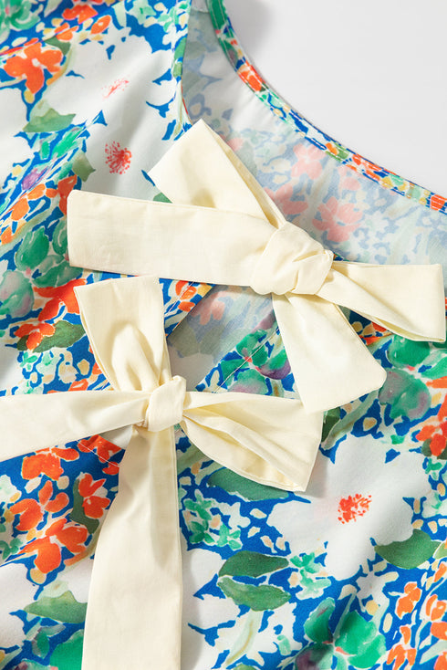 Floral Print Bow Applique Slit Sleeveless Peplum Blouse