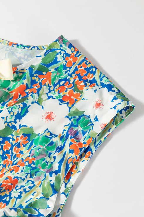 Floral Print Bow Applique Slit Sleeveless Peplum Blouse